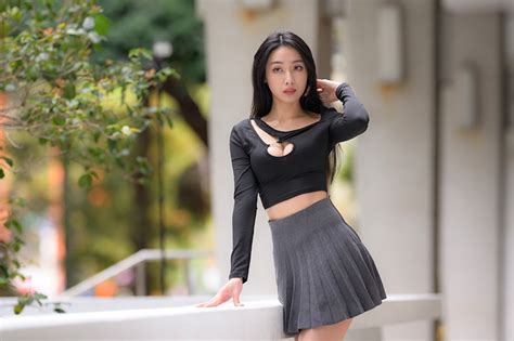 Picture Skirt Brunette girl Bokeh posing Décolletage Blouse Girls