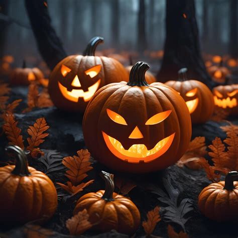 Premium Ai Image Close Up Of Halloween Carved Pumpkins In A Night Forest Background