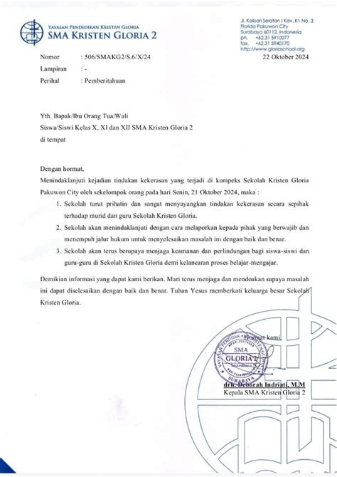 SMA Gloria 2 Surabaya Keluarkan Surat Dugaan Arogansi Dan Intimidasi