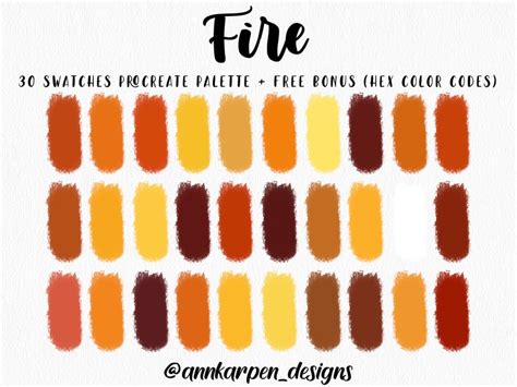 Fire Procreate Palette 30 Hex Color Codes Instant Digital Etsy