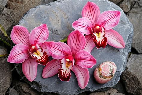 Premium Photo Three Pink Orchids With Pebble