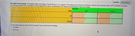 Solved 1 Points Save Answer Normal Form Game The Table