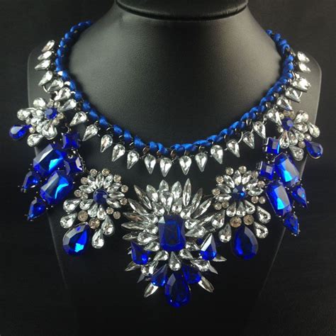 129us 2014 Statement Necklace Blue Crystal Choker Necklace Pendant