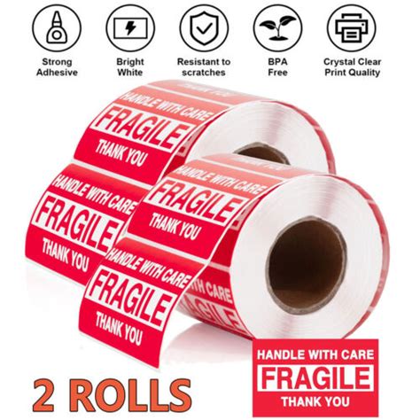 1000 Fragile Stickers 2x3 Handle With Care Thank You 500 Roll Warning