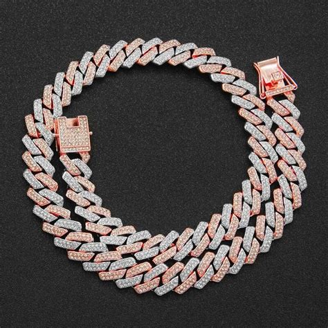 Iced Out Square Miami Cuban Link Chain Necklace For Men Women Micro Paved Cz Stone Rose Gold