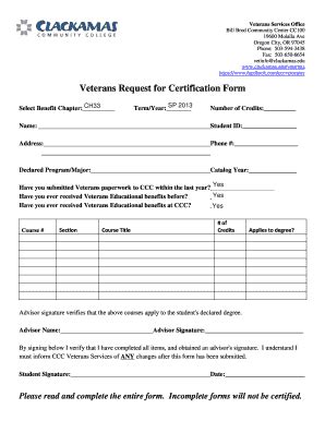 Fillable Online Clackamas Veterans Request For Certification Form