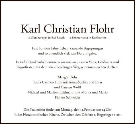 Traueranzeigen Von Karl Christian Flohr Trauer Gea De