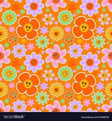 Groovy Flower Seamless Pattern Y2k Floral Smile Vector Image