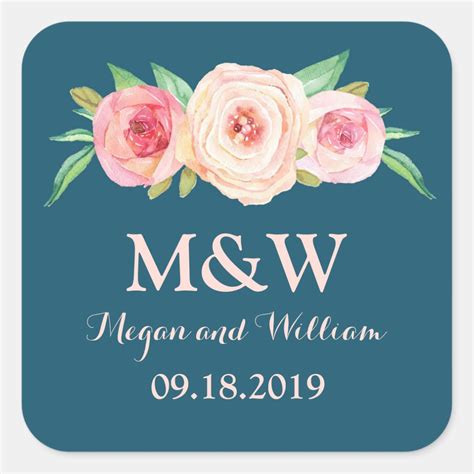 Navy Blue Blush Pink Floral Monogram Wedding Square Sticker Zazzle