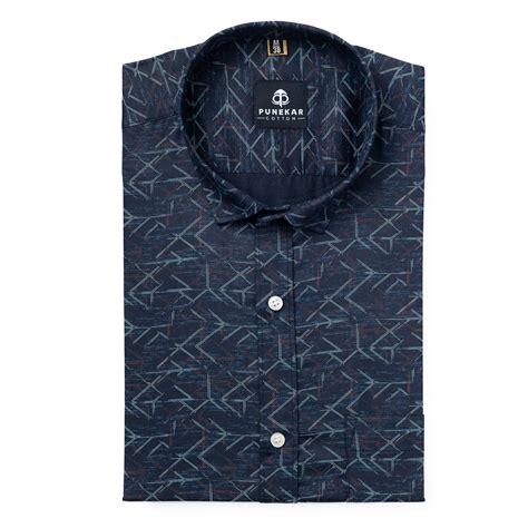 Navy Blue Color Geometric Printed Shirt For Men – Punekar Cotton