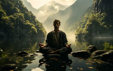 A man practicing mindfulness and meditation in a peaceful natural ...