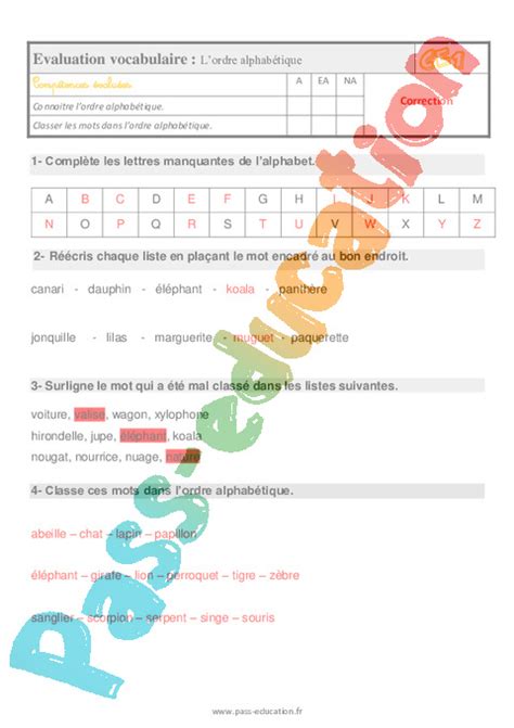 L ordre alphabétique Évaluation bilan 2eme Primaire PDF à imprimer