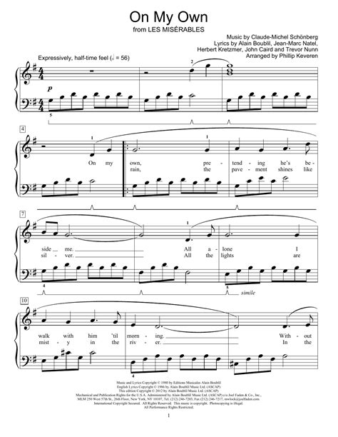 On My Own From Les Miserables Educational Piano Sheet Music