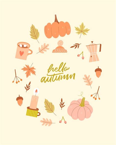 Premium Vector Hello Autumn Lettering Card With Pumpkins And Autumn