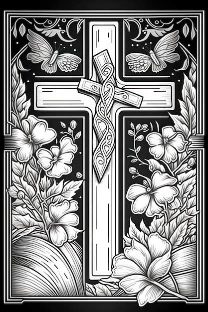 Premium AI Image | Coloring page for adults cross and open bible greyscale