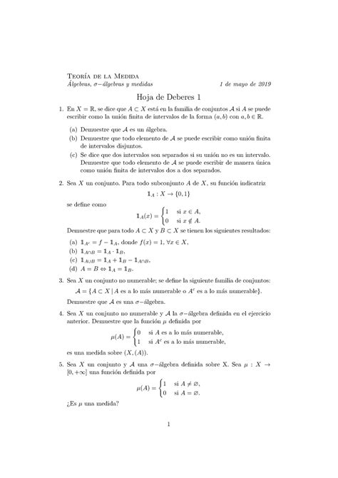 Hoja De Deberes De Teor A De La Medida 1 De La Medida Algebras