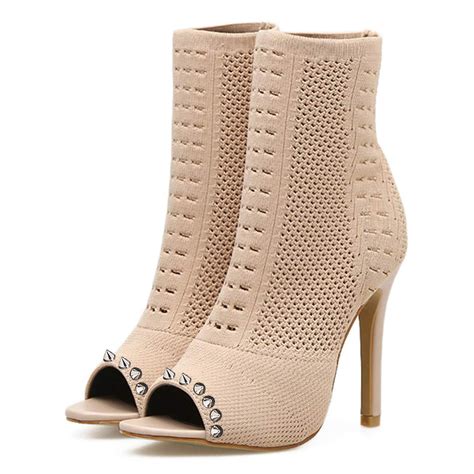 Nude Open Toe 3 Stiletto Heel Ankle Boots For Summer