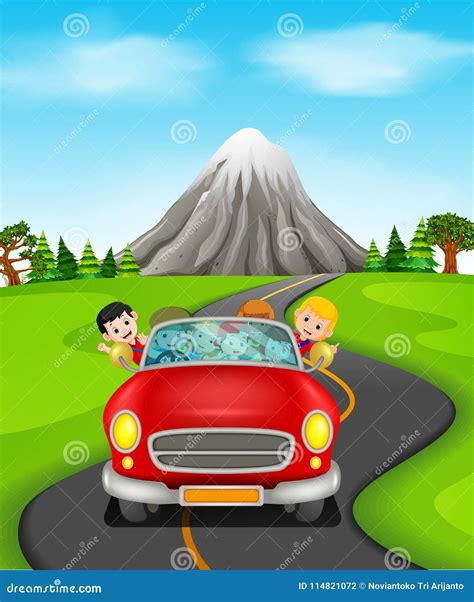 Man and Family Driving a Car on the Road Stock Vector - Illustration of ...