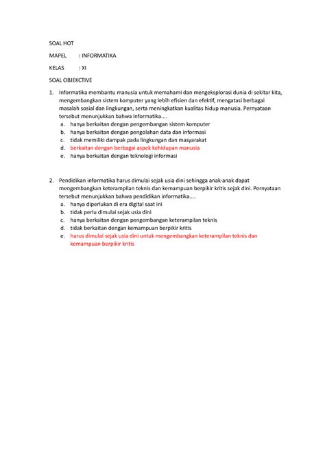 SOAL HOT SOAL HOT UTK KELAS XI SOAL HOT MAPEL INFORMATIKA KELAS XI SOAL OBJEKCTIVE Studocu