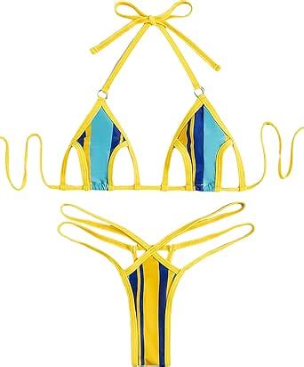 Amazon GORGLITTER Women S High Cut Thong Swimsuit Cut Out Micro Bikini Set Color Block