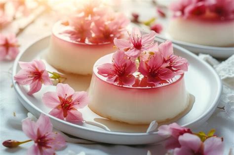 Premium AI Image Panna Cotta Topped With A Delicate Cherry Blossoms