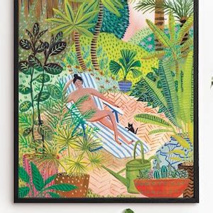 Sunbathing Nude Lady Art Print Painting Tropical Garden With Botanical Plants Wall Art Funny