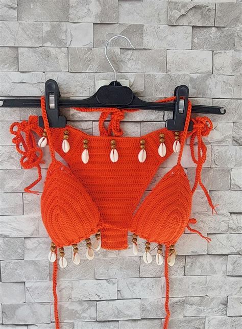 Crochet Bikini Set Orange Bikini Color Sea Shells Bikini Women Swimwear Shell Necklace