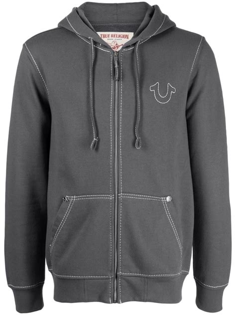 True Religion Logo Embroidered Zip Up Hoodie Grey Farfetch Uk