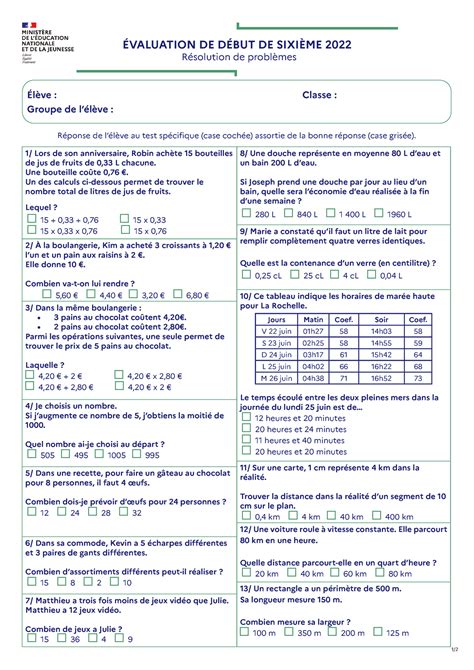 Sujet resolution de problemes 6eme 2022 1 ÉVALUATION DE DÉBUT DE