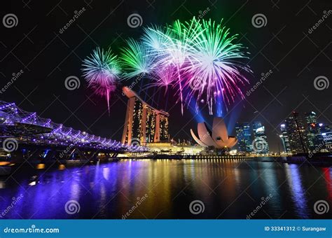 Singapore Skyline and Fireworks Editorial Photography - Image of ...