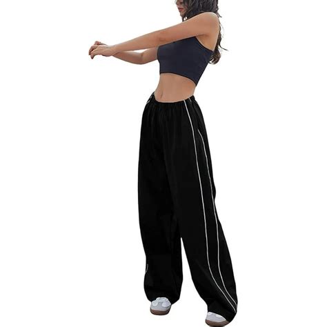 Danceemangoos Womens Parachute Pants Y2k Elastic Waist Wide Leg Baggy