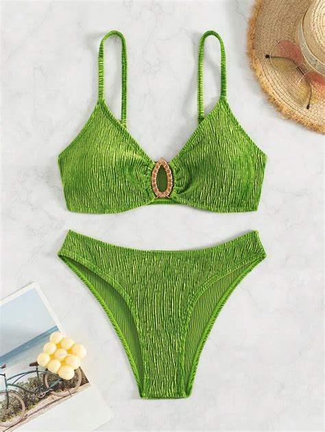 SHEIN Swim Women S Solid Color Circular Link Sexy Bikini Set For