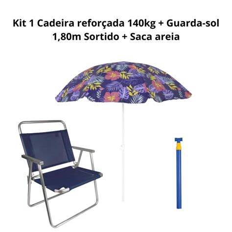 Kit Cadeira Praia Reforçada 140kg Oversize Guarda sol 1 80 Saca