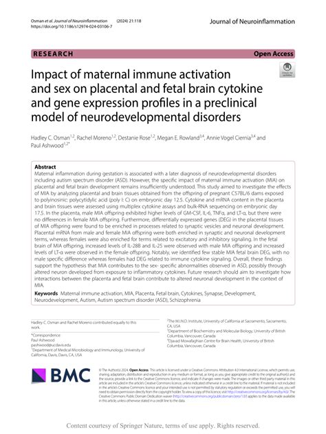 Pdf Impact Of Maternal Immune Activation And Sex On Placental And Fetal Brain Cytokine And