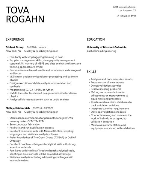 Quality Reliability Engineer Resume Samples Velvet Jobs