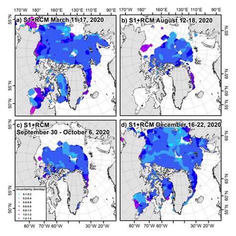 Spatial distribution of S1+RCM sea ice motion uncertainty on a) March ... 