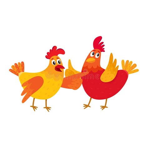 Two Funny Cartoon Chickens Pointing To Something And Raising Wings