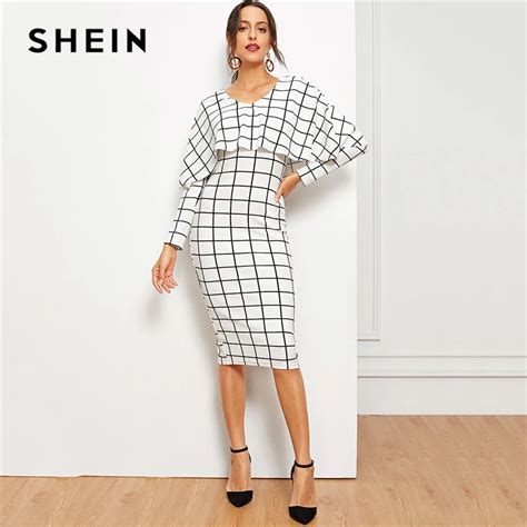 Aliexpress Buy Shein White Office Lady Grid Print Cape Pencil