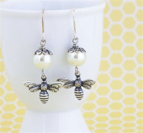 Bee Dangle Earrings Ivory Pearl Bee Earrings Bumble Bee