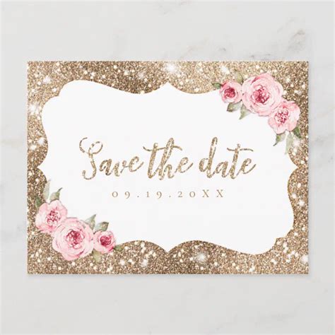 Sparkle Gold Glitter Pink Floral Save The Date Announcement Postcard