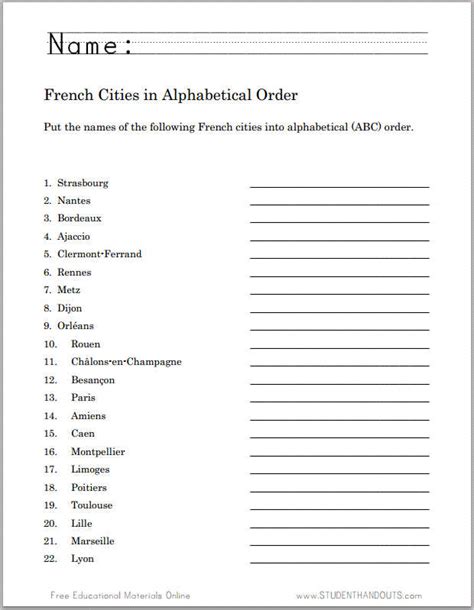 French Cities in ABC Order Worksheet | Student Handouts