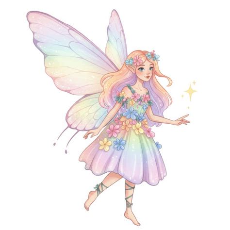 pastel rainbow fairy  flower dress  wings stock illustration