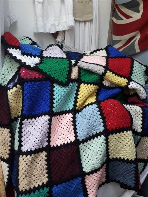 Vintage Crocheted Blanket Completed In Brightly Coloured Squares With