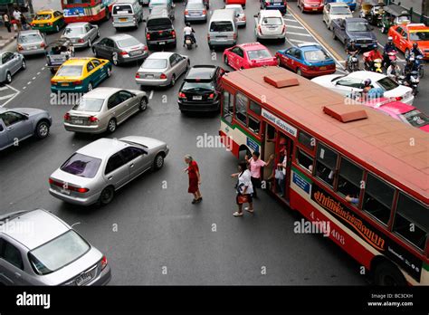 Congested Gridlocked Rush Hour Traffic In Central Bangkok Thailand