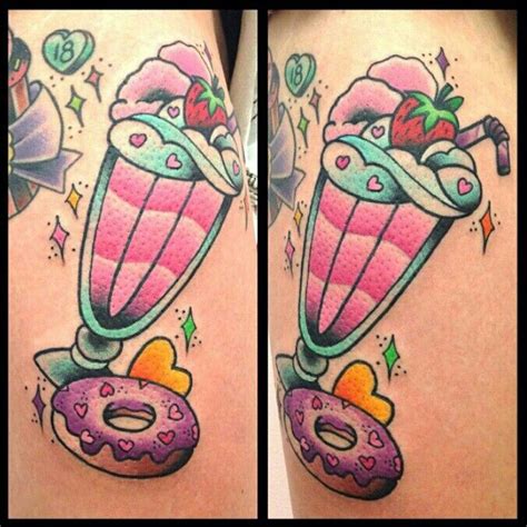 Two Pictures Of Tattoos With Donuts And Strawberrys On The Side Of