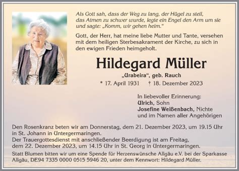 Traueranzeigen Von Hildegard M Ller Allg Uer Zeitung