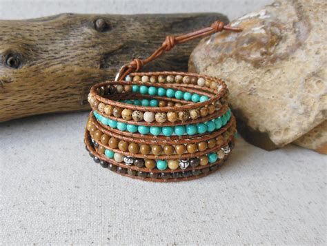 Turquoise Gemstone Wrap Bracelet Womens Boho Leather Wrap Etsy