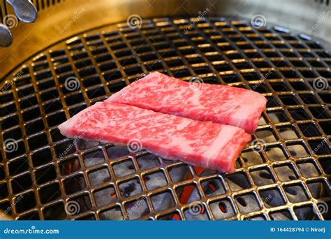 Grilled Wagyu Beef Raw Marble Beef Steak Frying In Black Grill Royalty