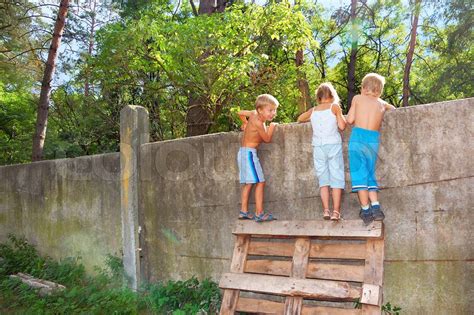 drei 5 6 Jahre alten Kinder über den Zaun schauen Stock Bild Colourbox