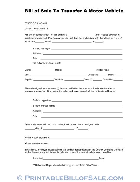 Free Limestone County Alabama Vehicle Bill Of Sale Form Download Pdf